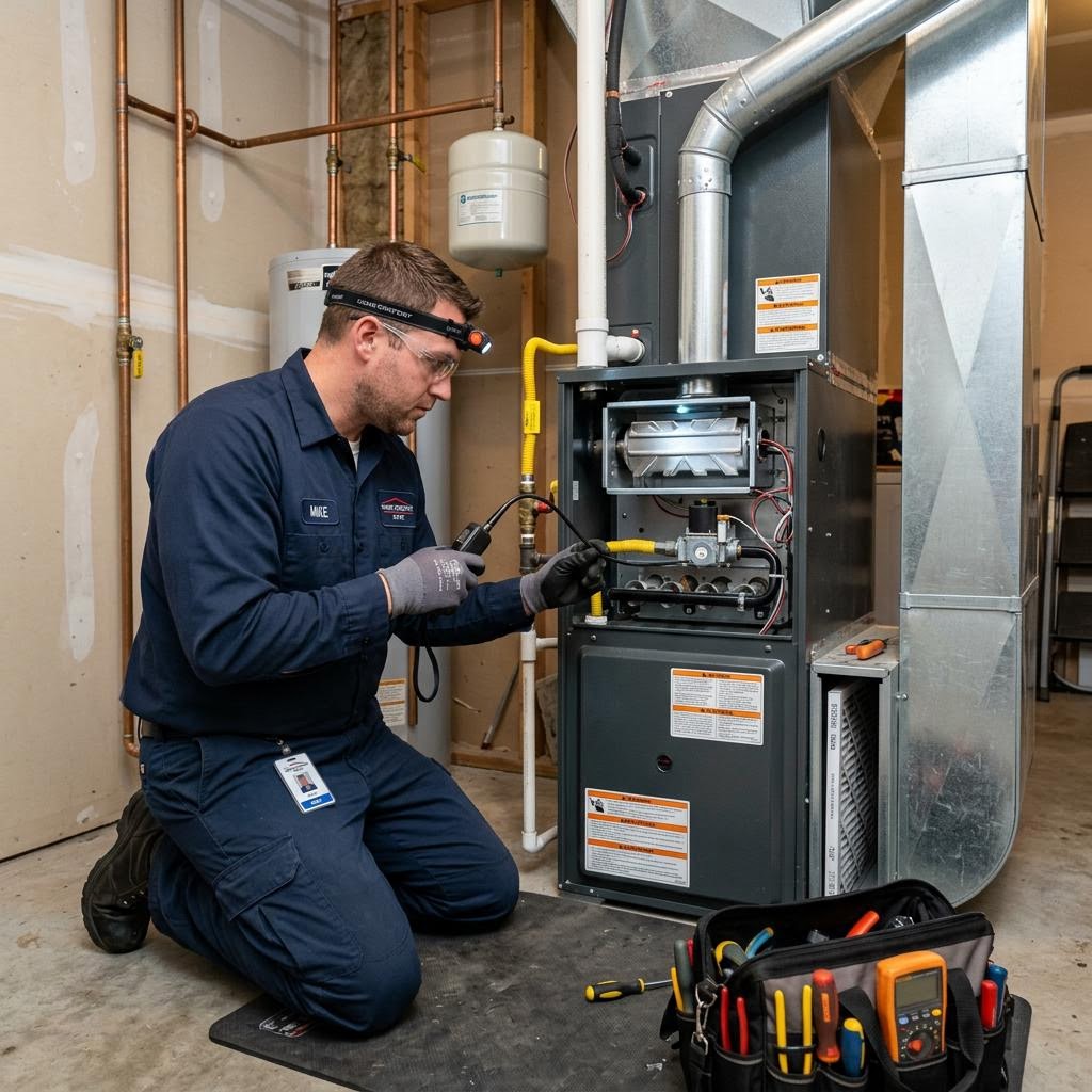 HVAC technician servicing a heating system in Concord CA